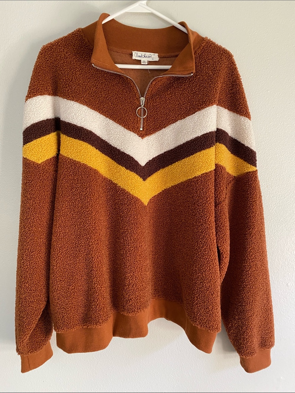 Cloud Chaser Rust Sherpa Pullover with White, Brown & Mustard Chevron